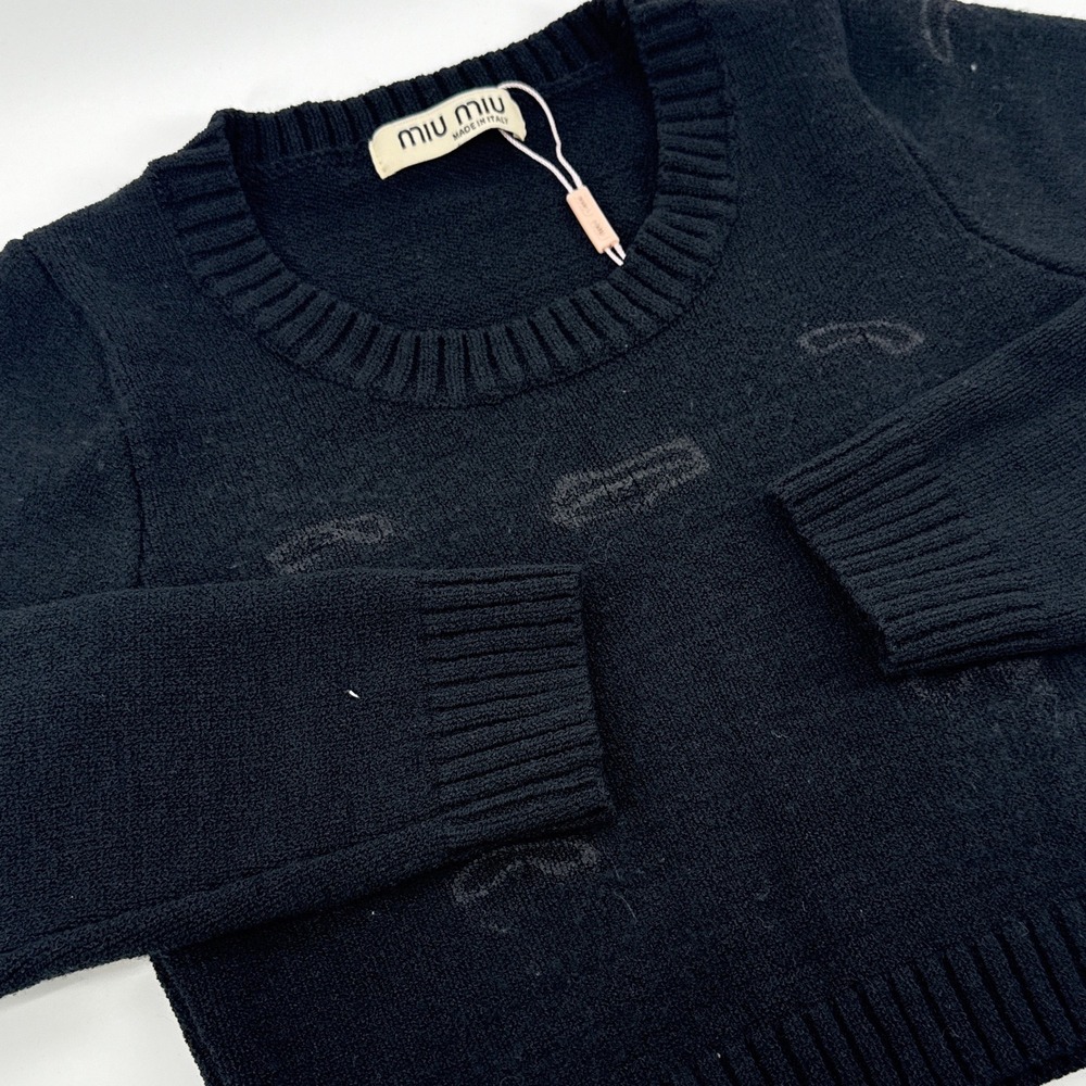 Miu Miu Made in Italy Black Knit Sweater Top Embellished Cropped Long Sleeve XS